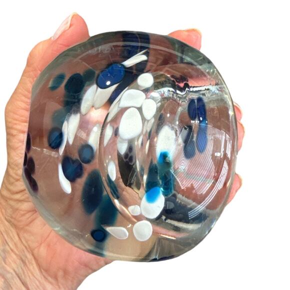 Hand Blown Glass Bowl Blue White Dots Signed Dated 3” Tall - Picture 4 of 8